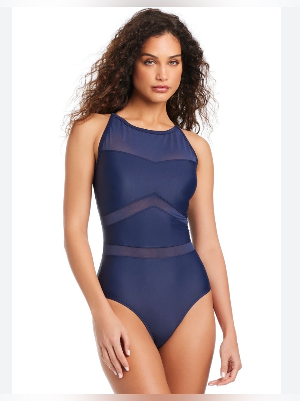 BEYOND CONTROL NWT High-Neck Sculpting Navy One-Piece Swimsuit with Sheer Accent